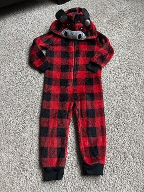 Jellifish Kids 2T Red & Black Buffalo Plaid Kids Hooded Pajamas with Moose Face